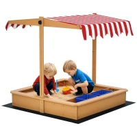 Outsunny Kids Wooden Sandbox, Children Play Sand Station Outdoor with Adjustable Height Cover Lid, Bottom Liner, Seat, Plastic Basins, for 3-7 Years Old Boys and Girls(m-2)
