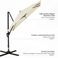 Outsunny 8FT Cantilever Patio Umbrella, Square Outdoor Offset Umbrella with 360° Rotation, Aluminum Hanging Umbrella with 3-Position Tilt, Crank & Cross Base for Garden, Cream White(m-7)