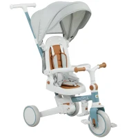 Qaba 7 in 1 Toddler Tricycle with Safety Harness, Adjustable & Removable Parent Handle, Canopy, Storage Bag, Brake, Blue(m-11)