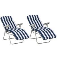 Outsunny Set of 2 Garden Sun Lounger Outdoor Reclining Seat Cushioned Seat Foldable Adjustable Recliner White and Blue(m-2)