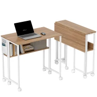 HOMCOM Folding Computer Desk, Foldable Desk with Storage Bag, Shelf and Wheels for Small Spaces, Home Office, Natural Wood(m-11)