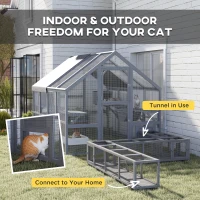 PawHut Wooden Catio Outdoor Cat Enclosure with Waterproof Cover, 2 Condos, 6 Platforms, Bridge, Doors, Gray(m-4)