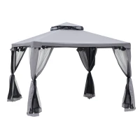 Outsunny 10' x 10' Patio Gazebo Outdoor Pavilion 2 Tire Roof Canopy Shelter Garden Event Party Tent Yard Sun Shade Steel Frame w/ Mosquito Netting Grey(m-2)