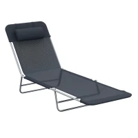 Outsunny Outdoor Lounge Chair, Portable Adjustable Reclining Seat Folding Chaise Lounge Patio Camping Beach Tanning Chair Bed with Pillow, Black(m-2)