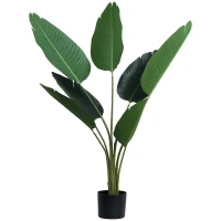 Outsunny 4FT Artificial Bird of Paradise Plant, Fake Tropical Palm Plant with 7 Banana Leaves in Pot, Faux Plant for Indoor , Green(m-2)
