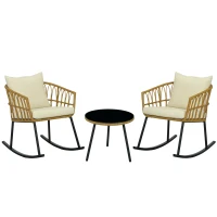 Outsunny Wicker Outdoor Rocking Chair Set, 3 Piece Patio Bistro Set with 2 Porch Rocker Chairs, Glass Top Coffee Table and Cushions, Patio Conversation Set for Balcony, Backyard, Cream White(m-11)