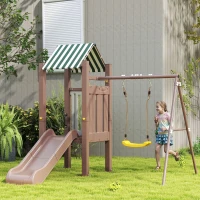 Qaba 4-in-1 Kids Swing Set for Playground with Slide, Covered Fort, Climbing Ladder, Ground Stakes, for Kids Ages 3-8, Brown(m-8)