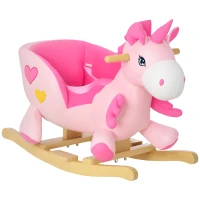 Qaba Baby Rocking Horse, Plush Animal Rocker for Toddlers Aged 18-36 Months, Stuffed Ride Toy with Sounds, Seat Belt, Pink(m-11)