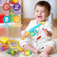 Magnetic Fishing Game with 3 Different Fish, Fishing Rod, Wind-Up Duck, Fishing Net, Baby Bath Toys Set for Toddlers Ages 1-3, Multicolor(m-4)