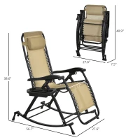 Outsunny Outdoor Rocking Chairs, Foldable Reclining Zero Gravity Lounge Rocker with Pillow, Phone & Cup Holder, Combo Design with Folding Legs, Beige(m-3)