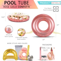 UV Resistant Inflatable Pool Float Tube with Confetti, Repair Patch, Premium Heavy Duty Vinyl Swim Ring, 37" L x 37" W x 9.5" H, Rose+Gold(m-3)