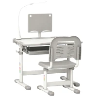 Qaba Kids Desk and Chair Set Height Adjustable Student Writing Desk Children School Study Table with Tilt Desktop, Grey(m-2)