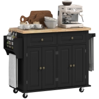 HOMCOM Kitchen Island Cart with Rubber Wood Top, Rolling Kitchen Island Table on Wheels with Drawers, Adjustable Shelves, Spice Rack and Towel Rack for Dining Room, Black