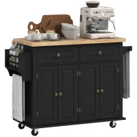 HOMCOM Kitchen Island Cart with Rubber Wood Top, Rolling Kitchen Island Table on Wheels with Drawers, Adjustable Shelves, Spice Rack and Towel Rack for Dining Room, Black(m-1)