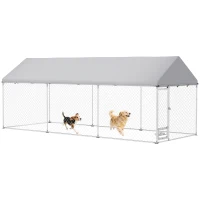 PawHut Outdoor Dog Kennel w/ Adjustable & Rotatable Bowl Rack, Waterproof UV-Resistant Cover, Secure Lock, 19.7' x 7.5' x 7.5'(m-11)