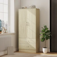 HOMCOM Wardrobe Closet Armoire with Hanging Rod and 2 Doors, Clothes Storage Organizer with 2 Drawers for Bedroom, Oak(m-9)