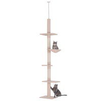 PawHut 102" Adjustable Height Floor to Ceiling Cat Tree, 5 Level Cat Tower with Scratching Posts, Hammock, Beige