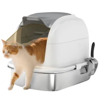 PawHut Large Stainless Steel Cat Litter Box with Lid, Enclosed Cat Litter Box with Flip Cover, Scoop(m-11)