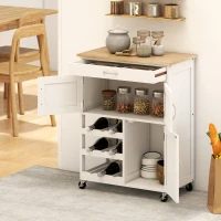 HOMCOM Rolling Kitchen Cart, Kitchen Island with Storage Drawer, 9-bottle Wine Rack, Door Cabinets, Wooden Countertop, White(m-7)