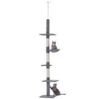 PawHut 102" Adjustable Height Floor to Ceiling Cat Tree, 5 Level Cat Tower with Scratching Posts, Hammock, Gray(m-1)