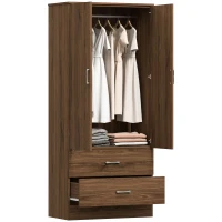 HOMCOM Wardrobe Closet Armoire with Hanging Rod and 2 Doors, Clothes Storage Organizer with 2 Drawers for Bedroom, Walnut(m-11)