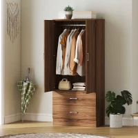 HOMCOM Wardrobe Closet Armoire with Hanging Rod and 2 Doors, Clothes Storage Organizer with 2 Drawers for Bedroom, Walnut(m-8)