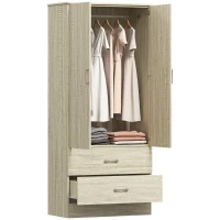 HOMCOM Wardrobe Closet Armoire with Hanging Rod and 2 Doors, Clothes Storage Organizer with 2 Drawers for Bedroom, Oak(m-11)