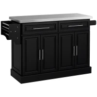 HOMCOM Rolling Kitchen Island Cart with Wheels, Portable Island Table for Kitchen with Stainless Steel Top, Adjustable Shelves, 2 Drawers, Spice, Knife and Towel Rack, Black(m-1)