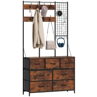 HOMCOM 4-In-1 Coat Rack with 7 Drawer Fabric Dresser, Hall Tree with 14 Hooks for Hallway, Entryway, Bedroom, Rustic Brown(m-11)