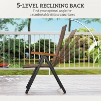 Outsunny Folding Wicker Patio Dining Chair with 5-level Reclining Back, Wooden Armrests for Outdoor, Garden, Backyard, Brown(m-4)