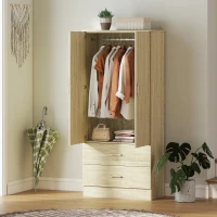 HOMCOM Wardrobe Closet Armoire with Hanging Rod and 2 Doors, Clothes Storage Organizer with 2 Drawers for Bedroom, Oak(m-8)
