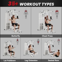 Soozier Home Gym, Multifunction Gym Equipment Workout Station with 100Lbs Weight Stack for Lat Pulldown, Leg Extensions, Preacher Bicep Curls, Triceps Pulldowns, Chest Press, White(m-4)