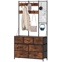 HOMCOM 4-In-1 Coat Rack with 7 Drawer Fabric Dresser, Hall Tree with 14 Hooks for Hallway, Entryway, Bedroom, Rustic Brown(m-2)