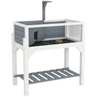 PawHut Wooden Tortoise Habitat with Storage Shelf, Tortoise Enclosure with Clear Windows, Openable Top, Lamp Holder, Gray(m-11)