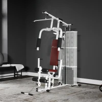 Soozier Home Gym, Multifunction Gym Equipment Workout Station with 100Lbs Weight Stack for Lat Pulldown, Leg Extensions, Preacher Bicep Curls, Triceps Pulldowns, Chest Press, White(m-8)