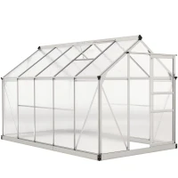 Outsunny 6' x 10' x 6.6' Polycarbonate Greenhouse, Walk-In Green House Kit Garden, Plants Grow, Galvanized Sheet Aluminum Frame with Rain Gutter, Vents and Sliding Door, Sliver(m-11)