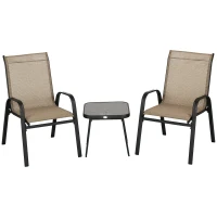 Outsunny Outdoor Bistro Set of 3, 3-Piece Patio Set with Breathable Mesh Fabric, Stackable Chairs and Square Table, Brown(m-11)