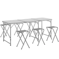 Outsunny Folding Picnic Table and 6 Stools, Camping Table and Chairs with Aluminum Frame for Outdoor, Picnic, Beach, BBQ, Grey(m-11)