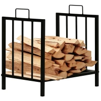 Outsunny 15.5" Firewood Rack Heavy-Duty Metal Wood Storage Log Holder with Side Handles, Indoor and Outdoor, Black(m-11)