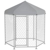 PawHut 6.9' x 6.1' x 7' Outdoor Dog Kennel Dog Run with Waterproof, UV Resistant Cover for Medium Large Sized Dogs, Silver(m-11)