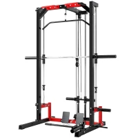 Soozier Smith Machine Power Rack with Pull Up Bar, Lat Pull Down System, Landmine, Squat Rack, Barbell Bar, for Home Gym(m-1)