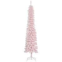 HOMCOM 7ft Snow-Flocked Artificial Christmas Tree, Slim Pencil Xmas Tree with 490 Realistic Branches, Metal Base, Pink(m-11)
