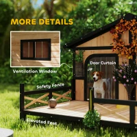 PawHut 59"x64"x39" Wood Dog House Outdoor Cabin-Style Elevated Pet Shelter with Porch Deck, Beige(m-7)