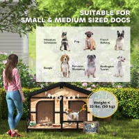 PawHut 59"x64"x39" Wood Dog House Outdoor Cabin-Style Elevated Pet Shelter with Porch Deck, Beige(m-9)