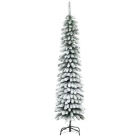 HOMCOM 6 Ft Snow-Flocked Artificial Christmas Tree, Slim Pencil Xmas Tree with Realistic Branches, Metal Base, Green(m-2)