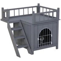 PawHut 2-Story Pet House for Cats Miniature Sized Dogs, Wooden Kitten Shelter with Enclosure, Balcony, Lockable Gate, Stairs, Grey(m-2)