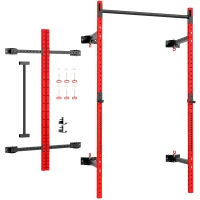 Soozier Folding Squat Rack with Pull Up Bar, Wall Mounted and Adjustable, 1000 Pounds Capacity Power Rack, Red(m-11)