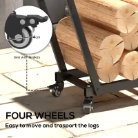 Outsunny Firewood Rack with Wheels, Metal Log Holder with Kindling and Tool Hooks, Indoor/Outdoor, 31.1" x 11.8" x 31.9", Black(m-6)