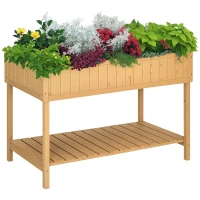 Outsunny 43x18x30in Raised Garden Bed with 8 Pockets and Shelf, Wooden Elevated Planter Box with Legs to Grow Herbs, Vegetables, and Flowers, Natural(m-1)