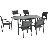 Outsunny 7 Pieces Patio Dining Set for 6, Aluminum Expandable Outdoor Table, Stackable High Back Chair, Mesh Fabric Seats, Dark Gray(m-2)